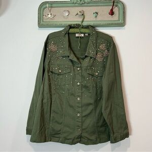 Vintage Quacker Factory army green pearl studded button down shirt jacket sz 2X